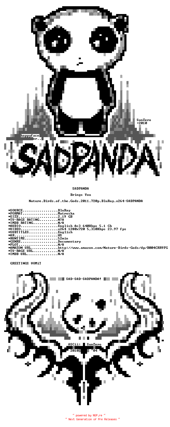 NFO for the release Nature.Birds.of.the.Gods.2011.720p.BluRay.x264-SADPANDA by SADPANDA