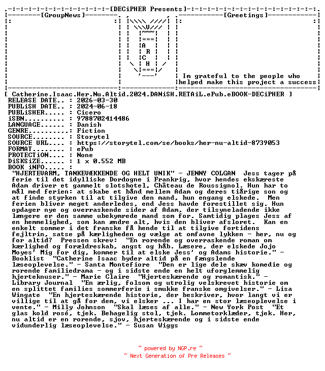 NFO for the release Catherine.Isaac.Her.Nu.Altid.2024.DANiSH.RETAiL.ePub.eBOOK-DECiPHER by DECiPHER
