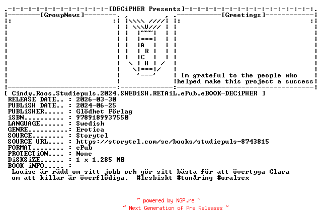 NFO for the release Cindy.Roos.Studiepuls.2024.SWEDiSH.RETAiL.ePub.eBOOK-DECiPHER by DECiPHER