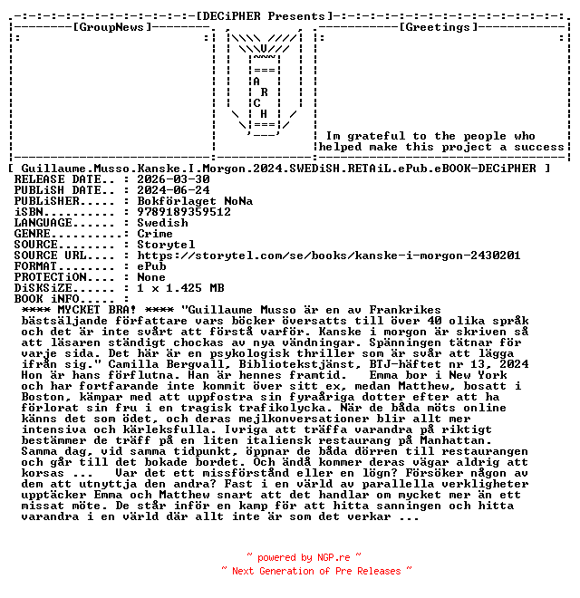NFO for the release Guillaume.Musso.Kanske.I.Morgon.2024.SWEDiSH.RETAiL.ePub.eBOOK-DECiPHER by DECiPHER
