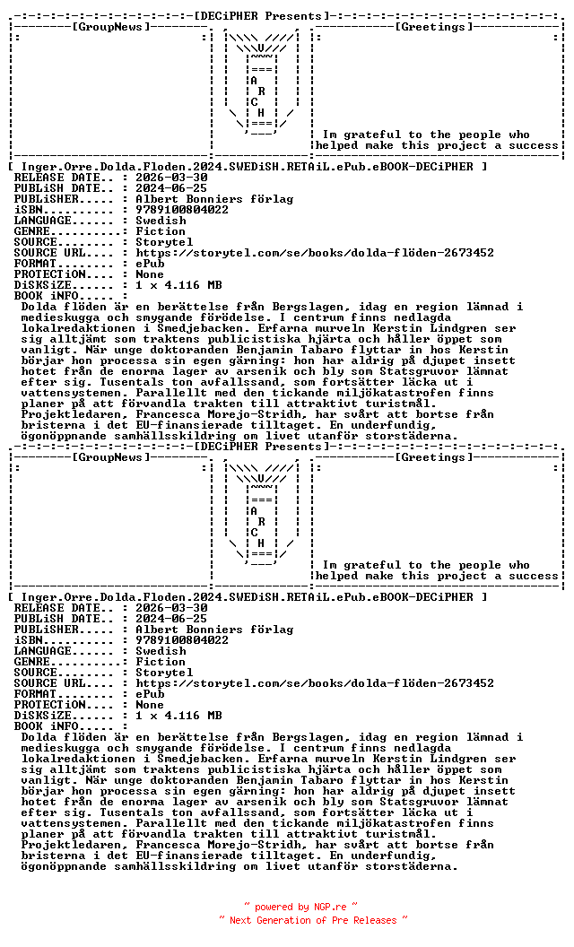 NFO for the release Inger.Orre.Dolda.Floden.2024.SWEDiSH.RETAiL.ePub.eBOOK-DECiPHER by DECiPHER