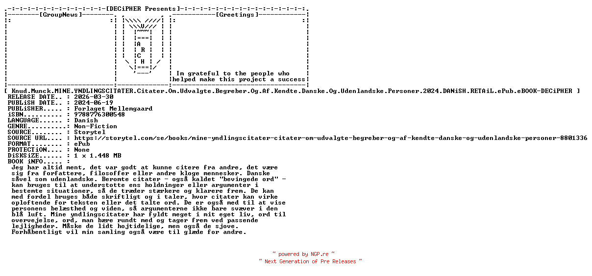NFO for the release Knud.Munck.Mine.Yndlingscitater.Citater.Om.Udvalgte.Begreber.Og.Af.Kendte.Danske.Og.Udenlandske.Personer.2024.DANiSH.RETAiL.ePub.eBOOK-DECiPHER by DECiPHER