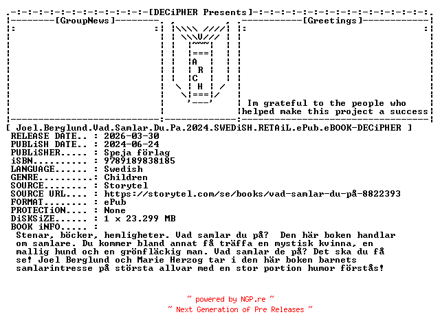 NFO for the release Joel.Berglund.Vad.Samlar.Du.Pa.2024.SWEDiSH.RETAiL.ePub.eBOOK-DECiPHER by DECiPHER