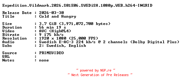 NFO for the release Expedition.Vildmark.2026.S01E06.SWEDiSH.1080p.WEB.h264-INGRID by INGRID