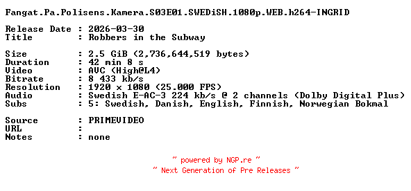 NFO for the release Fangat.Pa.Polisens.Kamera.S03E01.SWEDiSH.1080p.WEB.h264-INGRID by INGRID