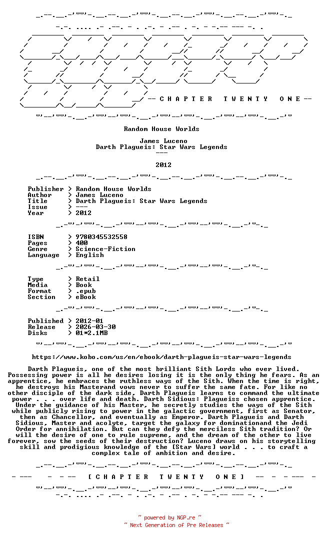 NFO for the release James.Luceno.-.Darth.Plagueis.Star.Wars.Legends.2012.RETAIL.EPUB.eBook-CTO by CTO