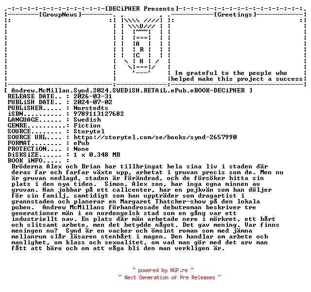 NFO for the release Andrew.McMillan.Synd.2024.SWEDiSH.RETAiL.ePub.eBOOK-DECiPHER by DECiPHER