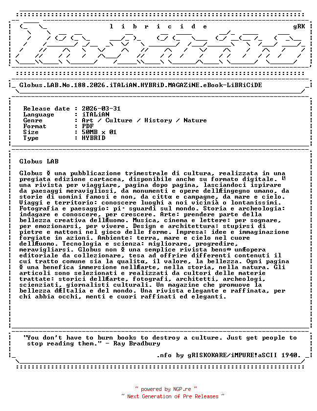 NFO for the release Globus.LAB.No.188.2026.iTALiAN.HYBRiD.MAGAZiNE.eBook-LiBRiCiDE by LiBRiCiDE