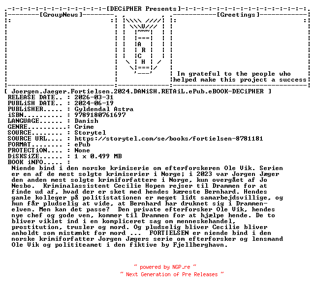 NFO for the release Joergen.Jaeger.Fortielsen.2024.DANiSH.RETAiL.ePub.eBOOK-DECiPHER by DECiPHER