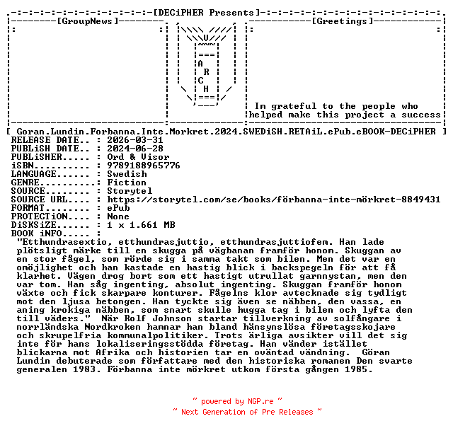NFO for the release Goran.Lundin.Forbanna.Inte.Morkret.2024.SWEDiSH.RETAiL.ePub.eBOOK-DECiPHER by DECiPHER