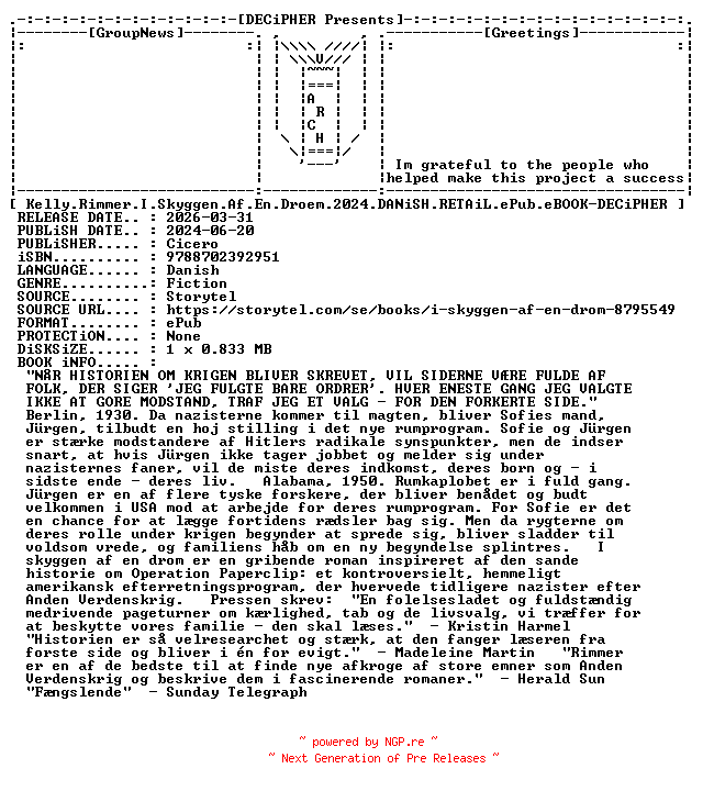 NFO for the release Kelly.Rimmer.I.Skyggen.Af.En.Droem.2024.DANiSH.RETAiL.ePub.eBOOK-DECiPHER by DECiPHER
