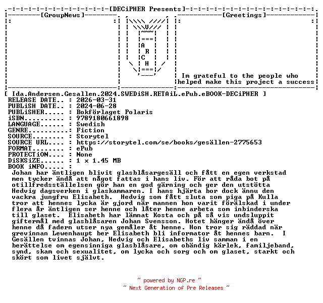 NFO for the release Ida.Andersen.Gesallen.2024.SWEDiSH.RETAiL.ePub.eBOOK-DECiPHER by DECiPHER