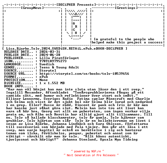 NFO for the release Lisa.Bjarbo.Tolv.2024.SWEDiSH.RETAiL.ePub.eBOOK-DECiPHER by DECiPHER