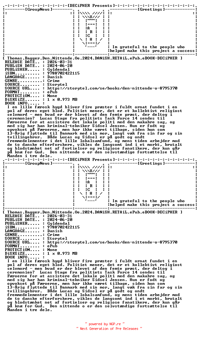 NFO for the release Thomas.Bagger.Den.Nittende.Oe.2024.DANiSH.RETAiL.ePub.eBOOK-DECiPHER by DECiPHER