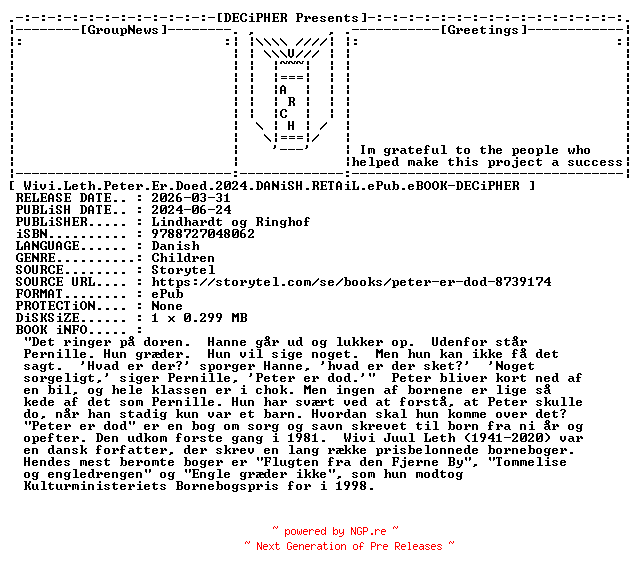 NFO for the release Wivi.Leth.Peter.Er.Doed.2024.DANiSH.RETAiL.ePub.eBOOK-DECiPHER by DECiPHER
