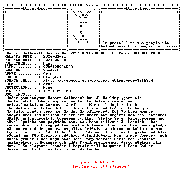 NFO for the release Robert.Galbraith.Gokens.Rop.2024.SWEDiSH.RETAiL.ePub.eBOOK-DECiPHER by DECiPHER