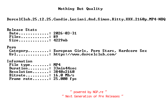 NFO for the release DorcelClub.25.12.25.Candie.Luciani.And.Simon.Kitty.XXX.2160p.MP4-NBQ by NBQ