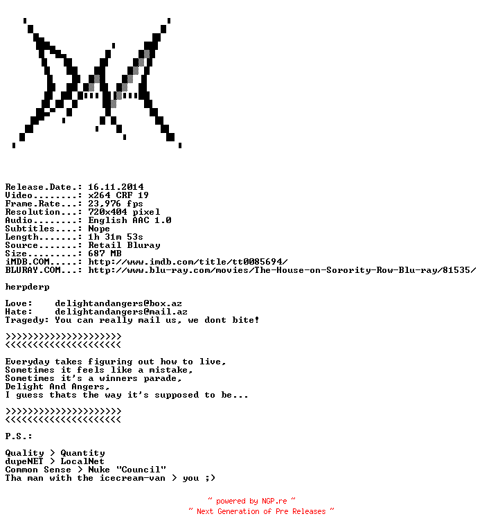 NFO for the release The.House.on.Sorority.Row.1983.iNTERNAL.BDRip.x264-DAA by DAA