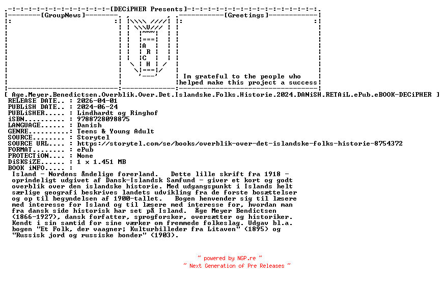 NFO for the release Age.Meyer.Benedictsen.Overblik.Over.Det.Islandske.Folks.Historie.2024.DANiSH.RETAiL.ePub.eBOOK-DECiPHER by DECiPHER