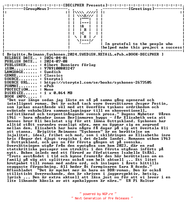 NFO for the release Brigitte.Reimann.Syskonen.2024.SWEDiSH.RETAiL.ePub.eBOOK-DECiPHER by DECiPHER