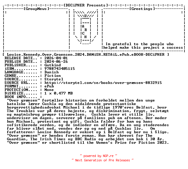 NFO for the release Louise.Kennedy.Over.Graensen.2024.DANiSH.RETAiL.ePub.eBOOK-DECiPHER by DECiPHER