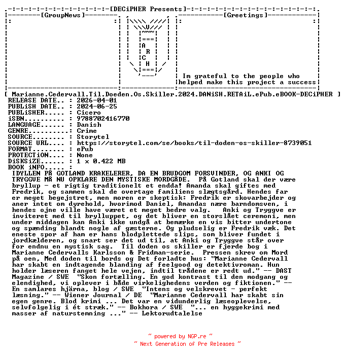NFO for the release Marianne.Cedervall.Til.Doeden.Os.Skiller.2024.DANiSH.RETAiL.ePub.eBOOK-DECiPHER by DECiPHER