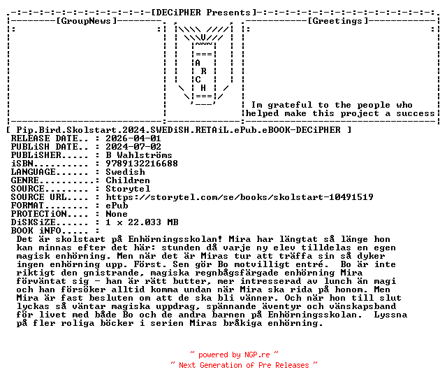 NFO for the release Pip.Bird.Skolstart.2024.SWEDiSH.RETAiL.ePub.eBOOK-DECiPHER by DECiPHER