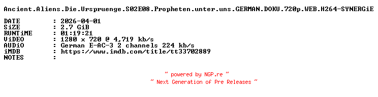 NFO for the release Ancient.Aliens.Die.Urspruenge.S02E08.Propheten.unter.uns.GERMAN.DOKU.720p.WEB.H264-SYNERGiE by SYNERGiE