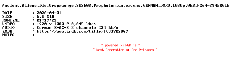 NFO for the release Ancient.Aliens.Die.Urspruenge.S02E08.Propheten.unter.uns.GERMAN.DOKU.1080p.WEB.H264-SYNERGiE by SYNERGiE