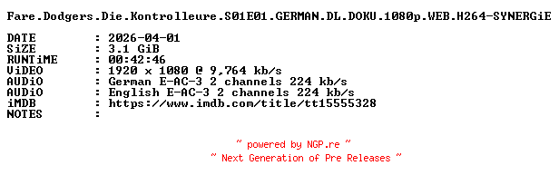 NFO for the release Fare.Dodgers.Die.Kontrolleure.S01E01.GERMAN.DL.DOKU.1080p.WEB.H264-SYNERGiE by SYNERGiE