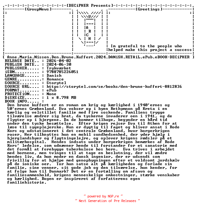 NFO for the release Anne.Maria.Nissen.Den.Brune.Kuffert.2024.DANiSH.RETAiL.ePub.eBOOK-DECiPHER by DECiPHER