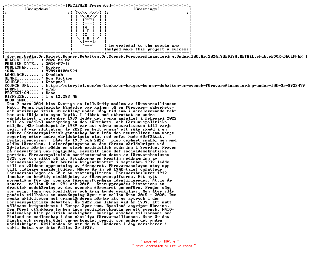 NFO for the release Jorgen.Wedin.Om.Kriget.Kommer.Debatten.Om.Svensk.Forsvarsfinansiering.Under.100.Ar.2024.SWEDiSH.RETAiL.ePub.eBOOK-DECiPHER by DECiPHER