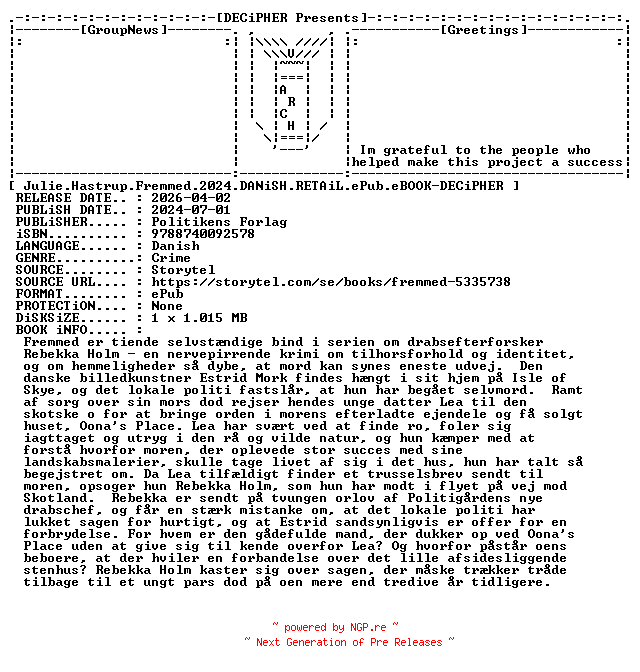 NFO for the release Julie.Hastrup.Fremmed.2024.DANiSH.RETAiL.ePub.eBOOK-DECiPHER by DECiPHER