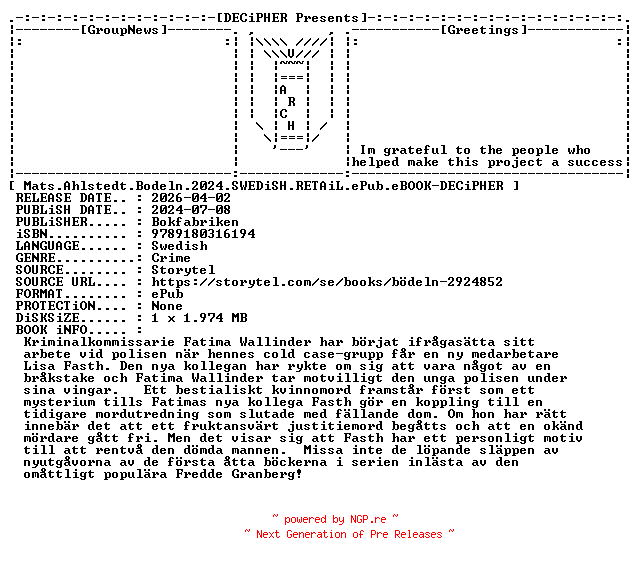 NFO for the release Mats.Ahlstedt.Bodeln.2024.SWEDiSH.RETAiL.ePub.eBOOK-DECiPHER by DECiPHER