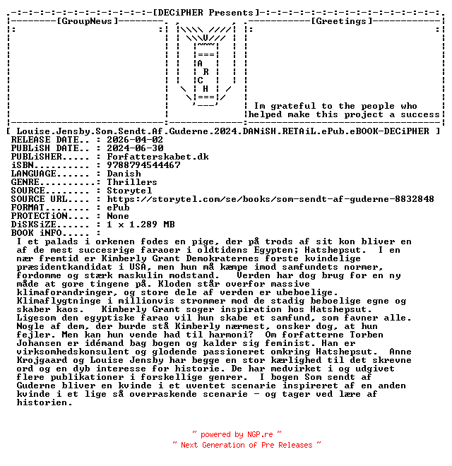 NFO for the release Louise.Jensby.Som.Sendt.Af.Guderne.2024.DANiSH.RETAiL.ePub.eBOOK-DECiPHER by DECiPHER