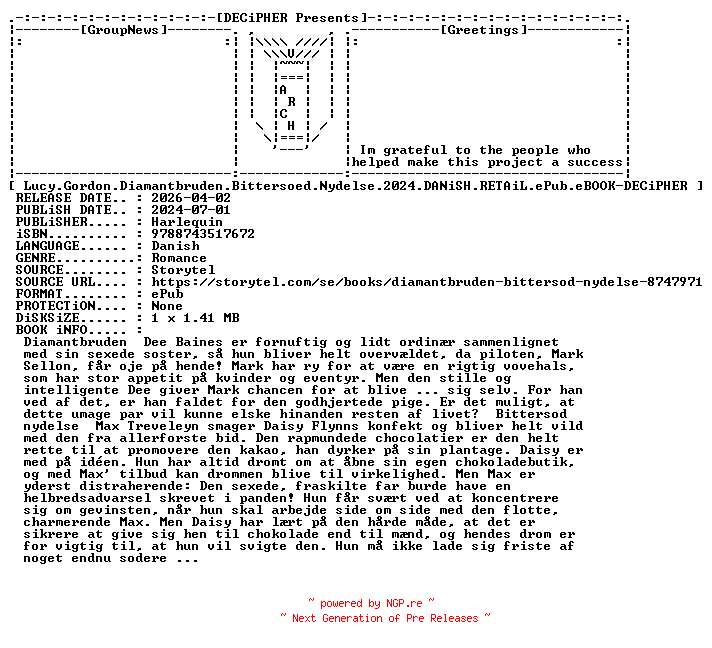 NFO for the release Lucy.Gordon.Diamantbruden.Bittersoed.Nydelse.2024.DANiSH.RETAiL.ePub.eBOOK-DECiPHER by DECiPHER