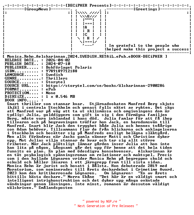 NFO for the release Monica.Rehn.Aelskarinnan.2024.SWEDiSH.RETAiL.ePub.eBOOK-DECiPHER by DECiPHER