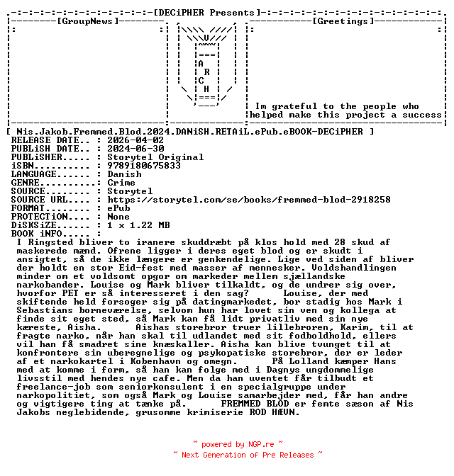 NFO for the release Nis.Jakob.Fremmed.Blod.2024.DANiSH.RETAiL.ePub.eBOOK-DECiPHER by DECiPHER