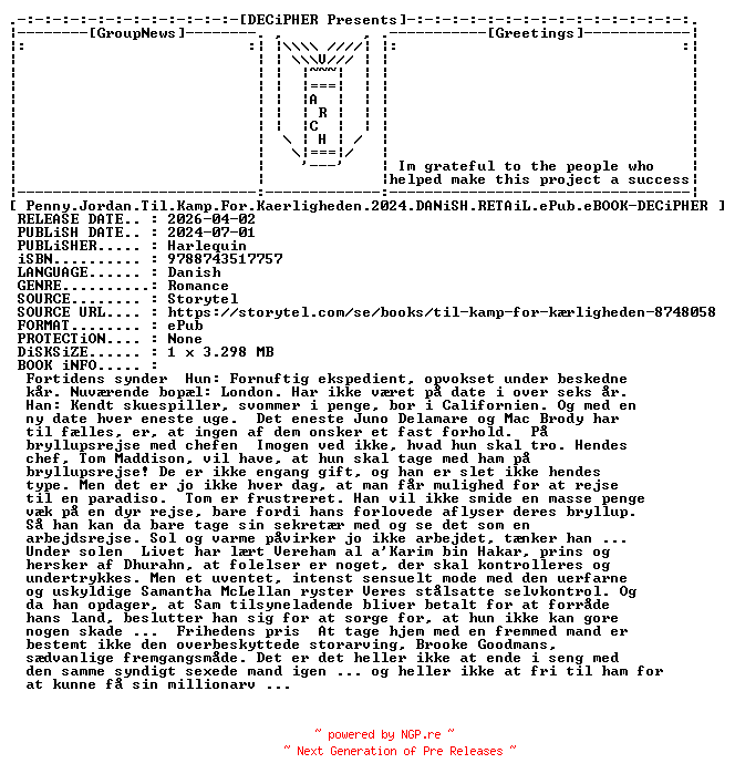 NFO for the release Penny.Jordan.Til.Kamp.For.Kaerligheden.2024.DANiSH.RETAiL.ePub.eBOOK-DECiPHER by DECiPHER