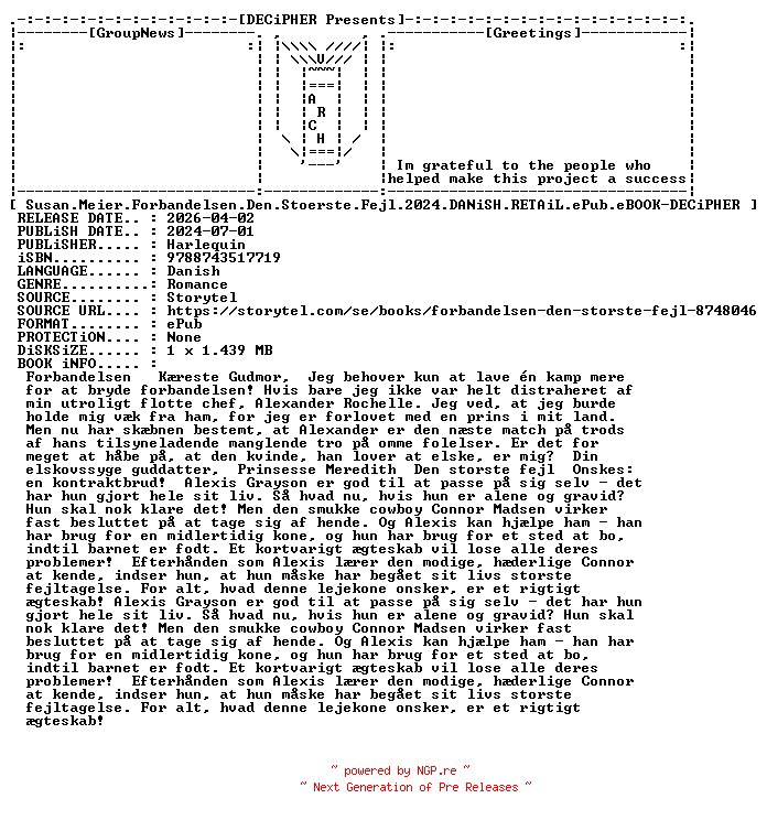 NFO for the release Susan.Meier.Forbandelsen.Den.Stoerste.Fejl.2024.DANiSH.RETAiL.ePub.eBOOK-DECiPHER by DECiPHER