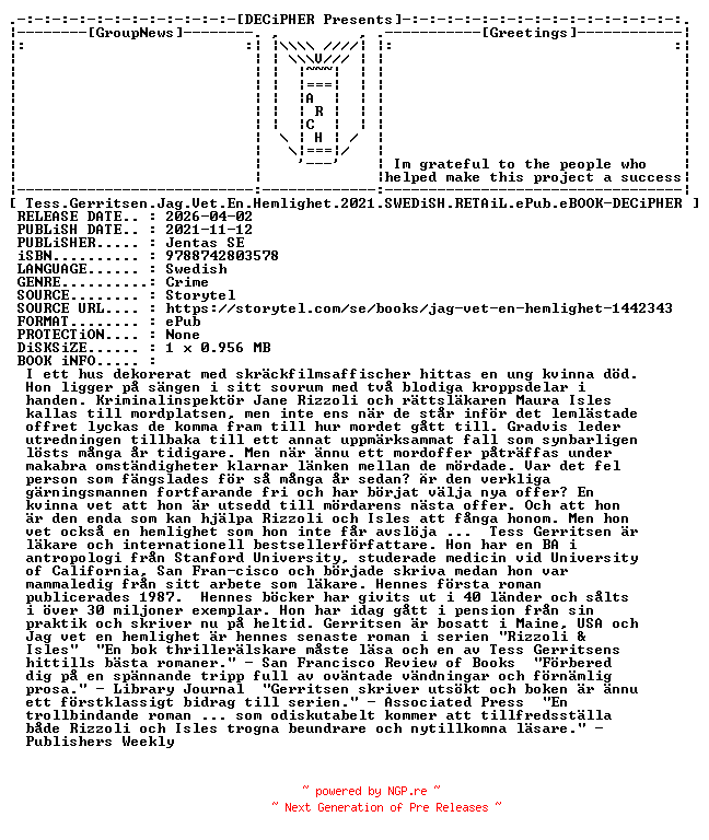 NFO for the release Tess.Gerritsen.Jag.Vet.En.Hemlighet.2021.SWEDiSH.RETAiL.ePub.eBOOK-DECiPHER by DECiPHER