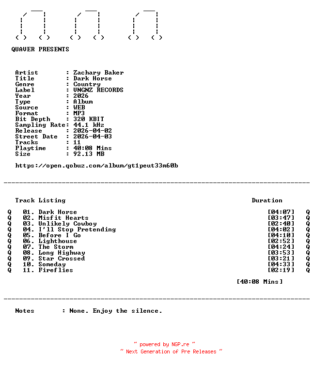 NFO for the release Zachary_Baker-Dark_Horse-WEB-2026-QUAVER by QUAVER