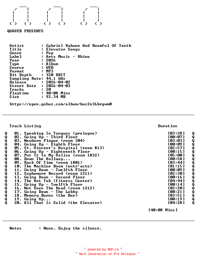NFO for the release Gabriel_Kahane_And_Roomful_Of_Teeth-Elevator_Songs-WEB-2026-QUAVER by QUAVER