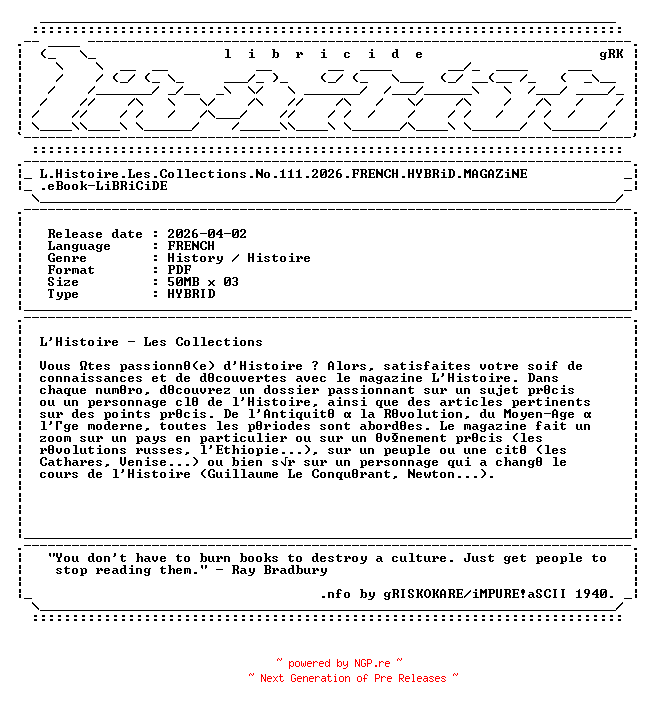 NFO for the release L.Histoire.Les.Collections.No.111.2026.FRENCH.HYBRiD.MAGAZiNE.eBook-LiBRiCiDE by LiBRiCiDE