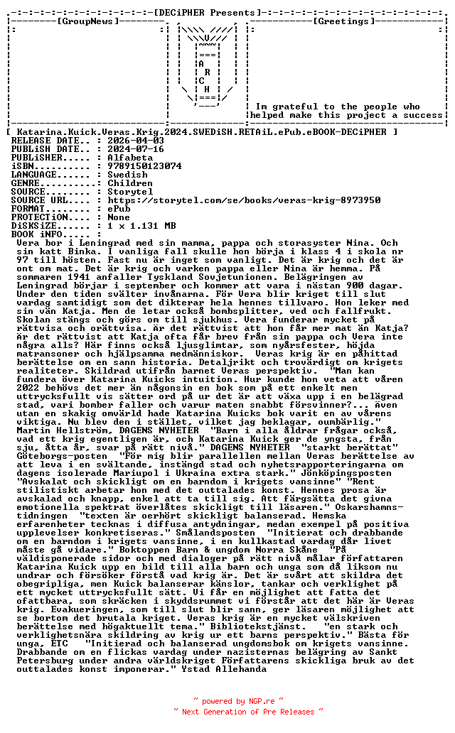 NFO for the release Katarina.Kuick.Veras.Krig.2024.SWEDiSH.RETAiL.ePub.eBOOK-DECiPHER by DECiPHER