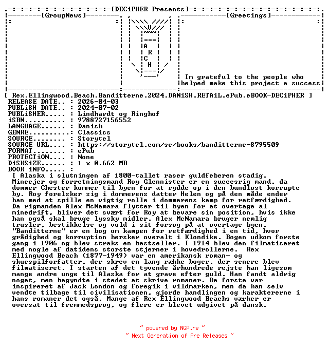 NFO for the release Rex.Ellingwood.Beach.Banditterne.2024.DANiSH.RETAiL.ePub.eBOOK-DECiPHER by DECiPHER
