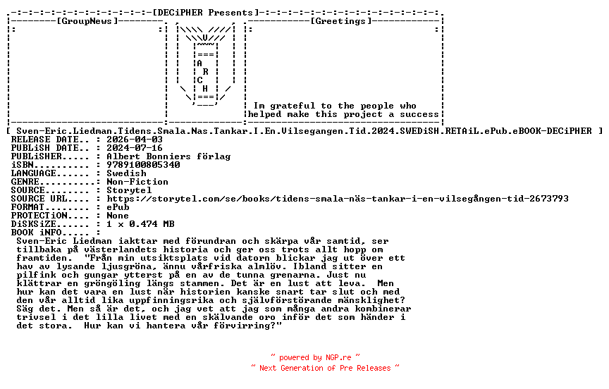 NFO for the release Sven.Eric.Liedman.Tidens.Smala.Nas.Tankar.I.En.Vilsegangen.Tid.2024.SWEDiSH.RETAiL.ePub.eBOOK-DECiPHER by DECiPHER