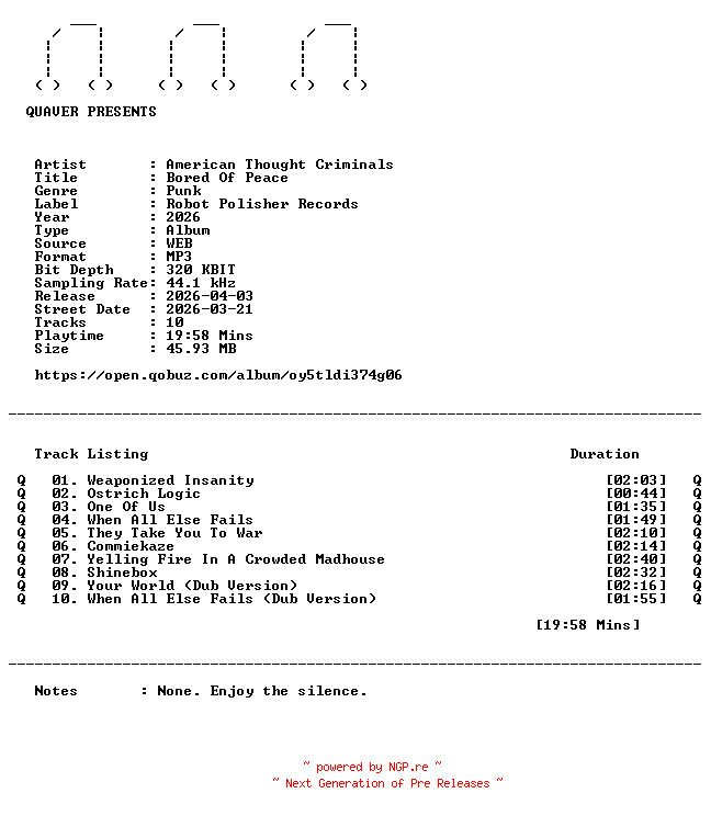 NFO for the release American_Thought_Criminals-Bored_Of_Peace-WEB-2026-QUAVER by QUAVER