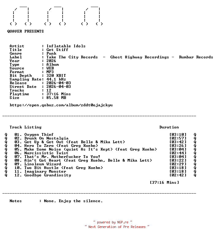 NFO for the release Inflatable_Idols-Get_Stiff-WEB-2026-QUAVER by QUAVER