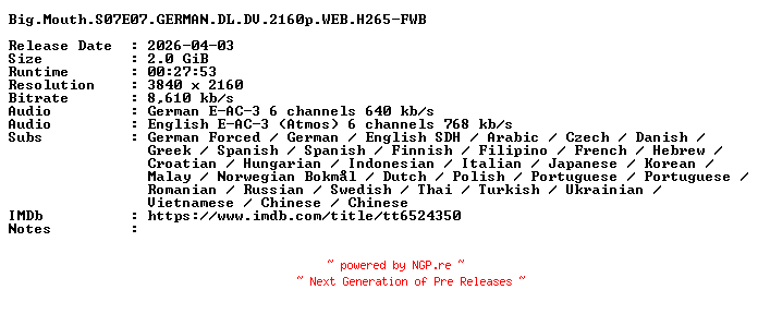 NFO for the release Big.Mouth.S07E07.GERMAN.DL.DV.2160p.WEB.H265-FWB by FWB